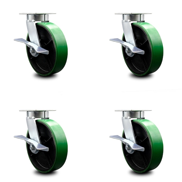 8 Inch Kingpinless Green Poly on Steel Wheel Swivel Caster Set with Brakes SCC